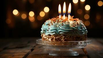 Cakes on wooden floor and lit candle on it in birthday concept style. Generative AI photo
