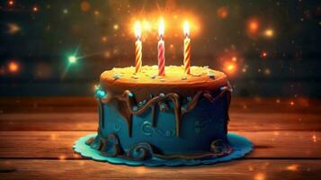 Cakes on wooden floor and lit candle on it in birthday concept style. Generative AI photo