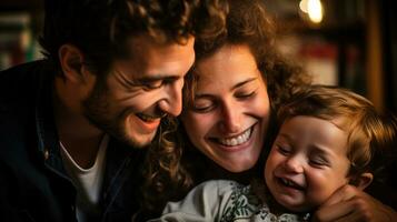 un contento familia se sienta felizmente en su vivo habitación. generativo ai foto