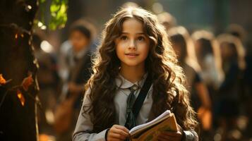 Picture of young girl going to school with books in hands on blurred background. Generative AI photo