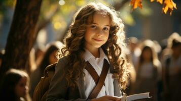 Picture of young girl going to school with books in hands on blurred background. Generative AI photo