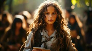 Picture of young girl going to school with books in hands on blurred background. Generative AI photo