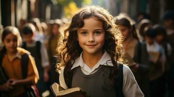 imagen de joven niña yendo a colegio con libros en manos en borroso antecedentes. generativo ai foto