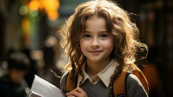 Picture of young girl going to school with books in hands on blurred background. Generative AI photo