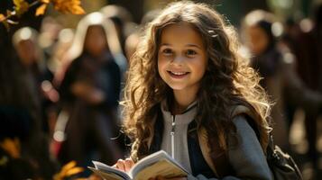 Picture of young girl going to school with books in hands on blurred background. Generative AI photo