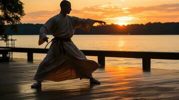 Tai chi Maestro hacer ejercicio en el playa. generativo ai foto