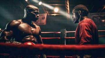 A boxer training with his coach in the boxing ring. Generative AI photo