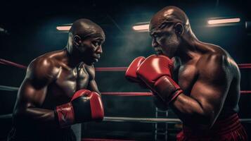 A boxer training with his coach in the boxing ring. Generative AI photo