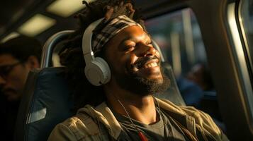 A man listening to music with headphones inside the bus. Generative AI photo