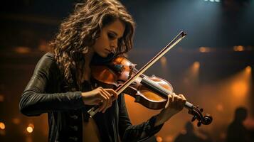 músico mujer jugando violín en concierto salón. generativo ai foto