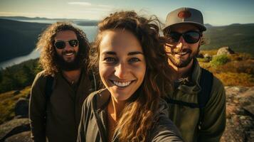 Friends taking selfies on the hiking trail. Generative AI photo