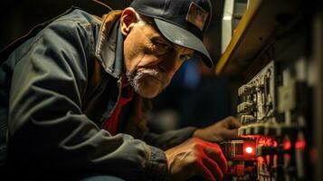 A master controlling the electrical panel in the house. Generative AI photo