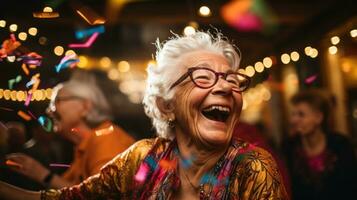 alegre personas mayores teniendo un bueno hora a el fiesta con su cerca amigos. generativo ai foto