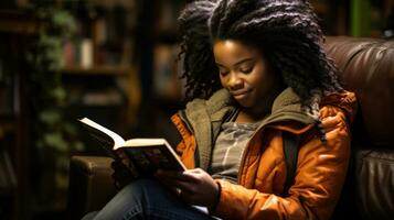 Young girl carefully reading a book in the library. Generative AI photo