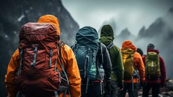 Cuidado Progreso de un grupo de montañeros en montañoso terreno. generativo ai foto