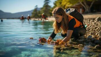 Volunteers collecting plastic waste from the sea. Generative AI photo