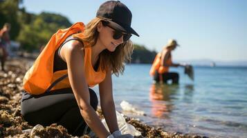 Volunteers collecting plastic waste from the sea. Generative AI photo