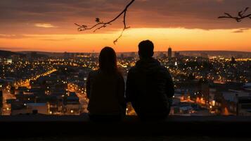 Couple spending romantic moments at sunset cityscape. Generative AI photo