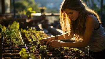 A woman taking care of her plants in the roof garden. Generative AI photo