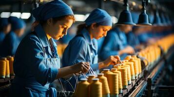 mujer trabajando Costura máquinas en un textil fábrica. generativo ai foto