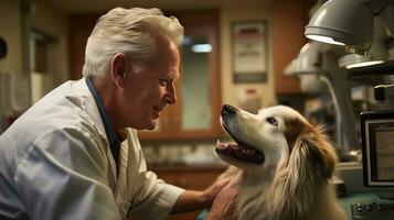 A veterinarian examining a dog at the clinic. Generative AI photo