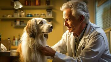 A veterinarian examining a dog at the clinic. Generative AI photo