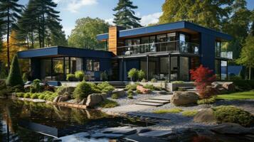 Visualization of a house project in nature. Generative AI photo