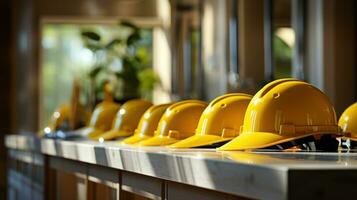 amarillo la seguridad casco de el construcción trabajador equipo en un mesa. generativo ai foto