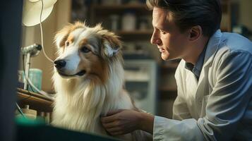 A veterinarian examining a dog at the clinic. Generative AI photo