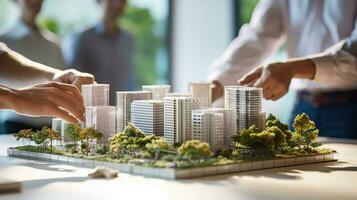 Investors who delicately study the characteristics of a green building model. Generative AI photo