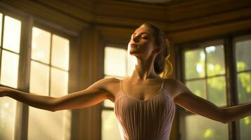 A ballerina is practicing at a window-lit studio. Generative AI photo