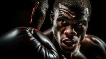 The face of a boxer who deftly dodges a punch, eyes locked on his opponent. Generative AI photo