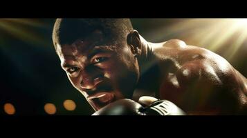 The face of a boxer who deftly dodges a punch, eyes locked on his opponent. Generative AI photo