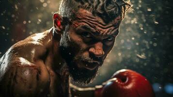 el cara de un Boxer quien hábilmente esquiva un puñetazo, ojos bloqueado en su adversario. generativo ai foto