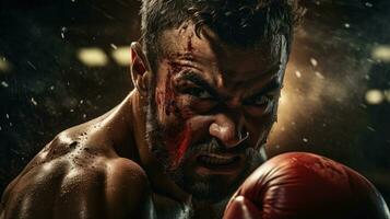 The face of a boxer who deftly dodges a punch, eyes locked on his opponent. Generative AI photo