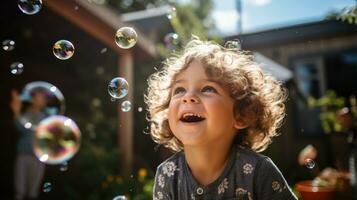 A child blows bubbles in the backyard on a sunny day. Generative AI photo