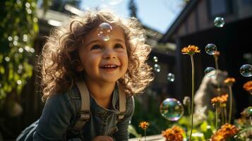 A child blows bubbles in the backyard on a sunny day. Generative AI photo