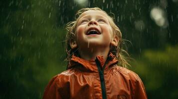 A child's joy in the face of raindrops. Generative AI photo