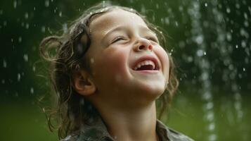 A child's joy in the face of raindrops. Generative AI photo