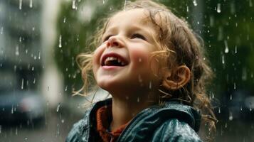 un niño alegría en el cara de gotas de lluvia. generativo ai foto