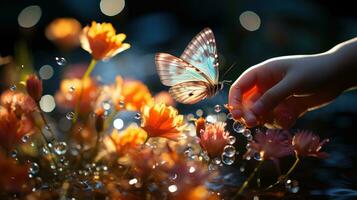 Child's fingers reaching towards a delicate butterfly preparing to land on a flower. Generative AI photo