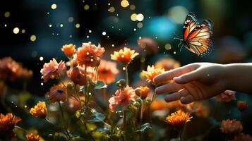 niño dedos alcanzando hacia un delicado mariposa preparando a tierra en un flor. generativo ai foto