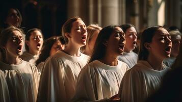 un coro canto durante Pascua de Resurrección Servicio en un histórico iglesia. generativo ai foto
