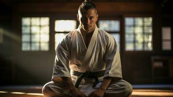 el cara de un marcial artista quien capturas el esencia de devoción y maestría mientras practicando kata a el dojo. generativo ai foto