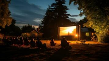 People gather for movie night in a park. Generative AI photo