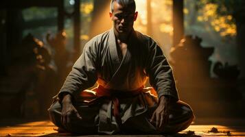 The face of a martial artist who captures the essence of devotion and mastery while practicing kata at the dojo. Generative AI photo
