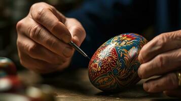 A craftsman paints and makes patterns on an Easter egg. Generative AI photo