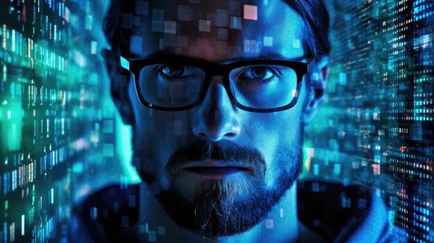 A cybersecurity expert and a complex network visualization. Generative AI photo