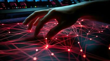 3D network visualization by cybersecurity expert's hand. Generative AI photo