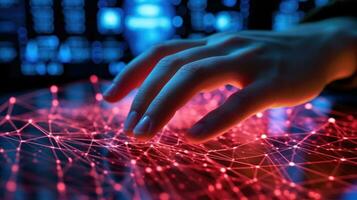 3D network visualization by cybersecurity expert's hand. Generative AI photo